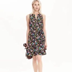 Banana Republic Black Floral Midi Layered Shift Dress